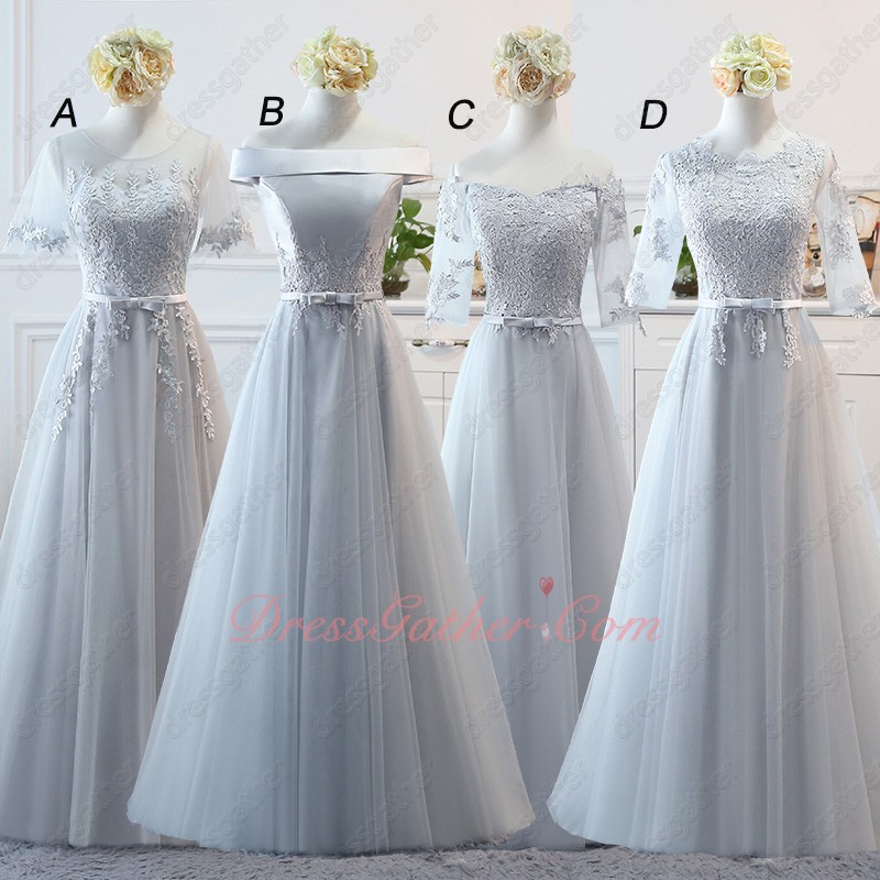 Bridesmaid Group Girls Long Elegant Silver Series Dress Different Neck - Click Image to Close