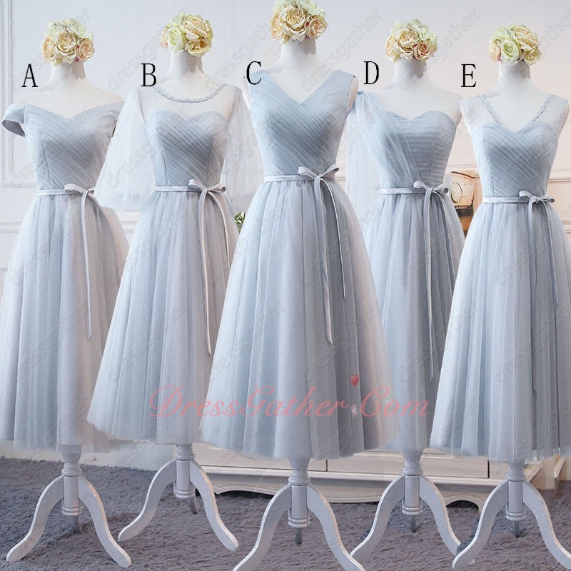 Popular Color Silver Tulle Series Bridesmaid Tea-Length For Pretty Girls - Click Image to Close