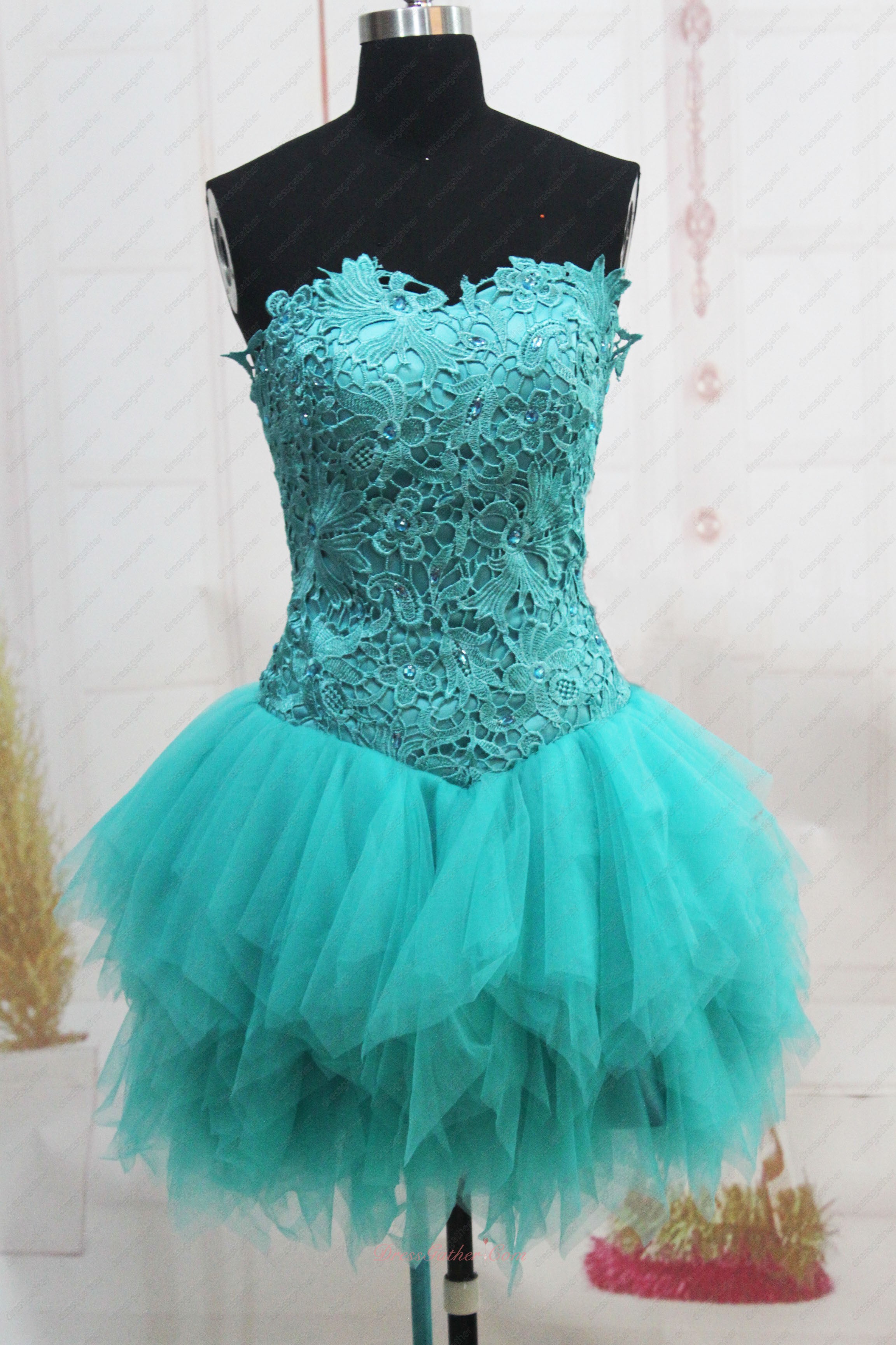 Turquoise Strapless Lace Bodice For Homecoming With Triangle Tulle Skirt - Click Image to Close