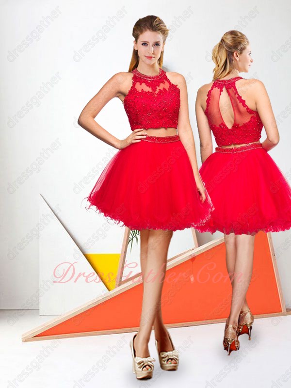 Scarlet Two-Pieces Dropped Waist Softly Tulle Short Homecoming Dress Beaded - Click Image to Close