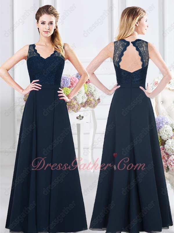 Modest Navy Blue Chiffon Bridal Party Dress Lace Neckline - Click Image to Close