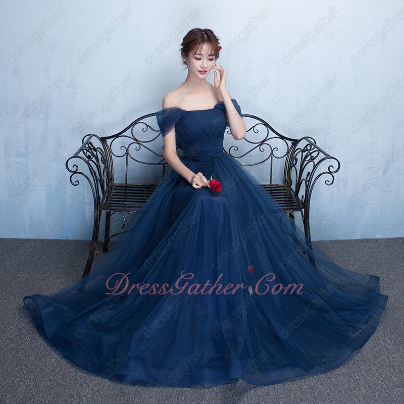 Off Shoulder Navy Formfitting Bridesmaid Long Dress With Back Bowknot - Click Image to Close