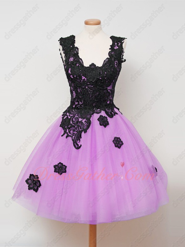Lilac Short Dama Draped Tulle Skirt Party Dress With Black Appliques - Click Image to Close