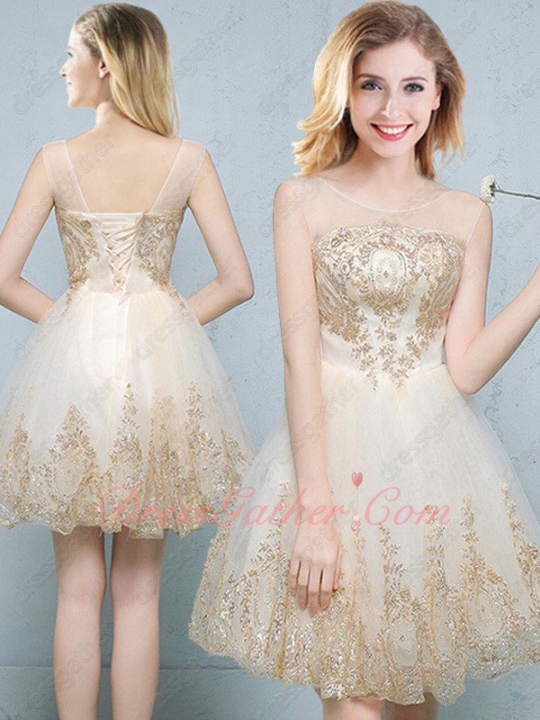 Transparent Neck Short Shiny Evening Dress With Gold Pineapple Pattern - Click Image to Close