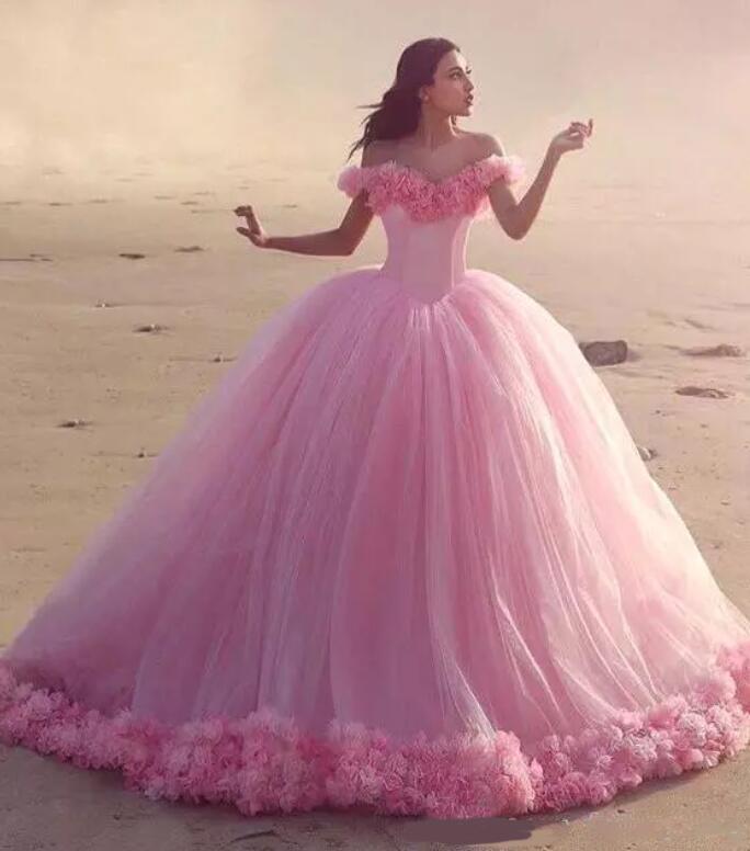 Princess Off Shoulder Basque Bodice 3D Flowers Surround Hemline Soft Tulle Ball Gown For Quinceanera - Click Image to Close