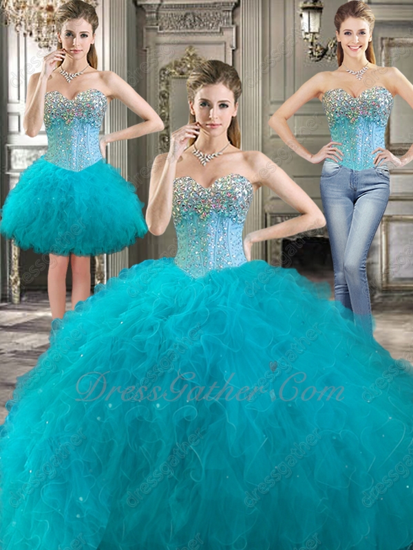 Three Parts Changeable 3 Kinds Wear Dark Turquoise Tulle Waterfalls Quinceanera Gown - Click Image to Close