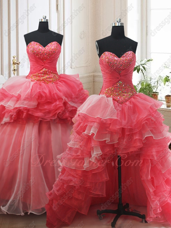 Detachable High Low Ruffles and Flat Ball Gown Coral Vestido de Quinceanera Basque - Click Image to Close