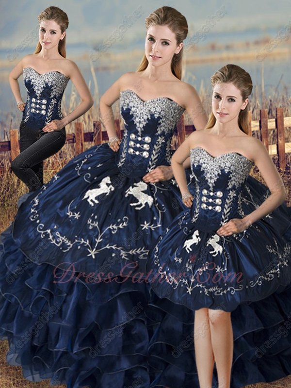 Navy Satin and Organza Waterfall Quinceanera Gown Embroidery Horse/Fastener Detachable - Click Image to Close
