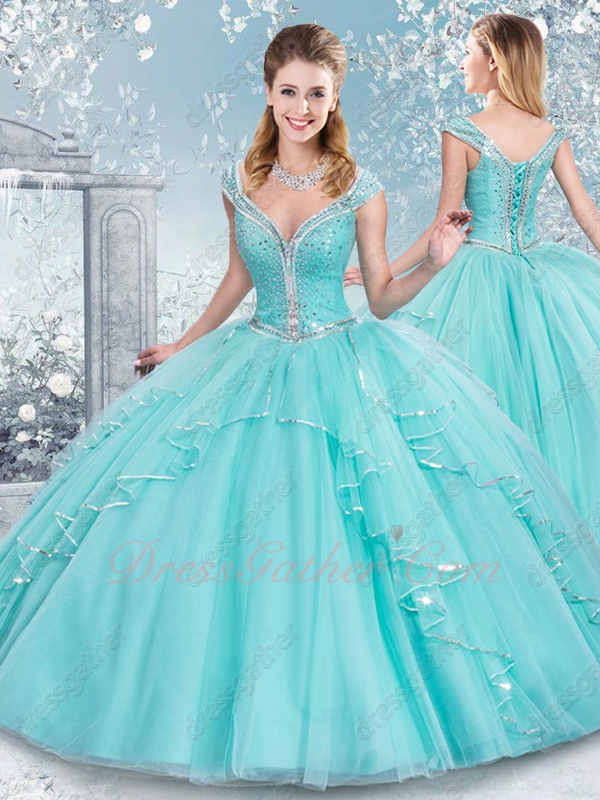Two-pieces Bodice Skirt Detachable From Waist IceBlue Quinceanera Gown Sequin Edging - Click Image to Close