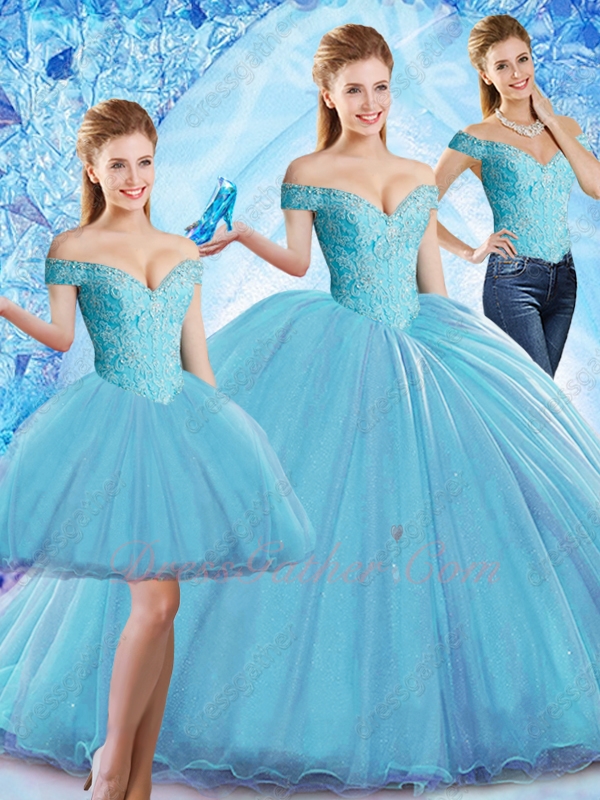 Off Shoulder Ice Blue Tulle Sweep Train Quinceanera Ball Gown 3 Pieces Detachable - Click Image to Close