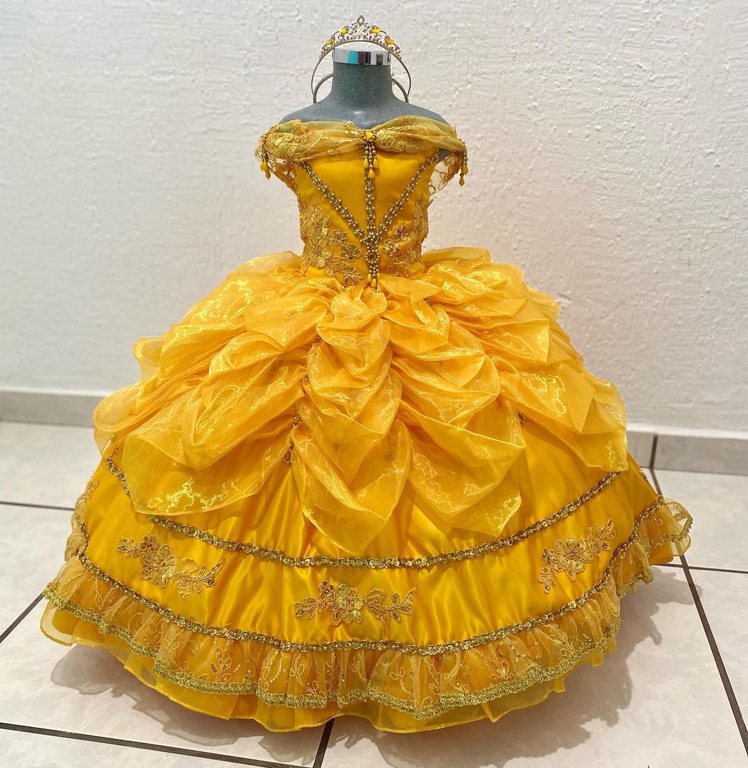 Off Shoulder Bubble Organza Skirt Flower Girl Quinceanera Dress Deep Yellow - Click Image to Close