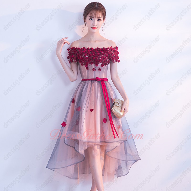 Wine Party Annual Dinner Fairy Graceful High Low Prom Dress Blush Lining With Red Sash - Click Image to Close