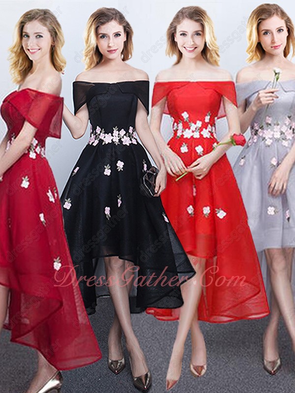 Quality Flat Shouler Flowers Decorate Hi-Low Homecoming Dress With Elastic Edge - Click Image to Close