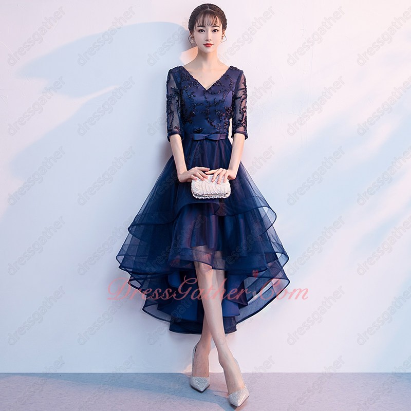 V-neck Half Transparent Sleeves Navy Lace High Low Holiday Dress Customized - Click Image to Close