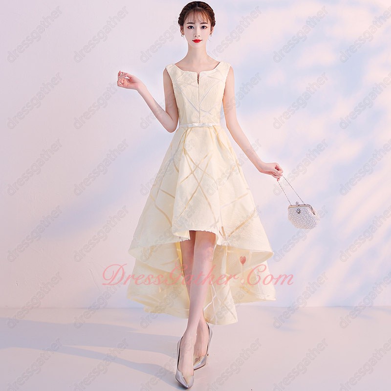 Scoop Neck High Low Champagne Striped Lace Talk Show Prom Dress On Sale - Click Image to Close