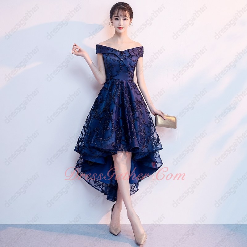 B2C Mode Fashionable V-neck High Low Navy Blue Lace Prom Party Dress - Click Image to Close