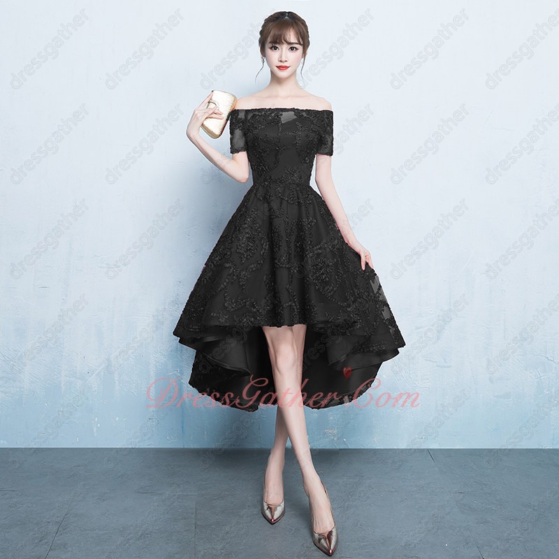 Off The Shoulder High Low Style Black Crooked Lace Cocktail Party Dress - Click Image to Close