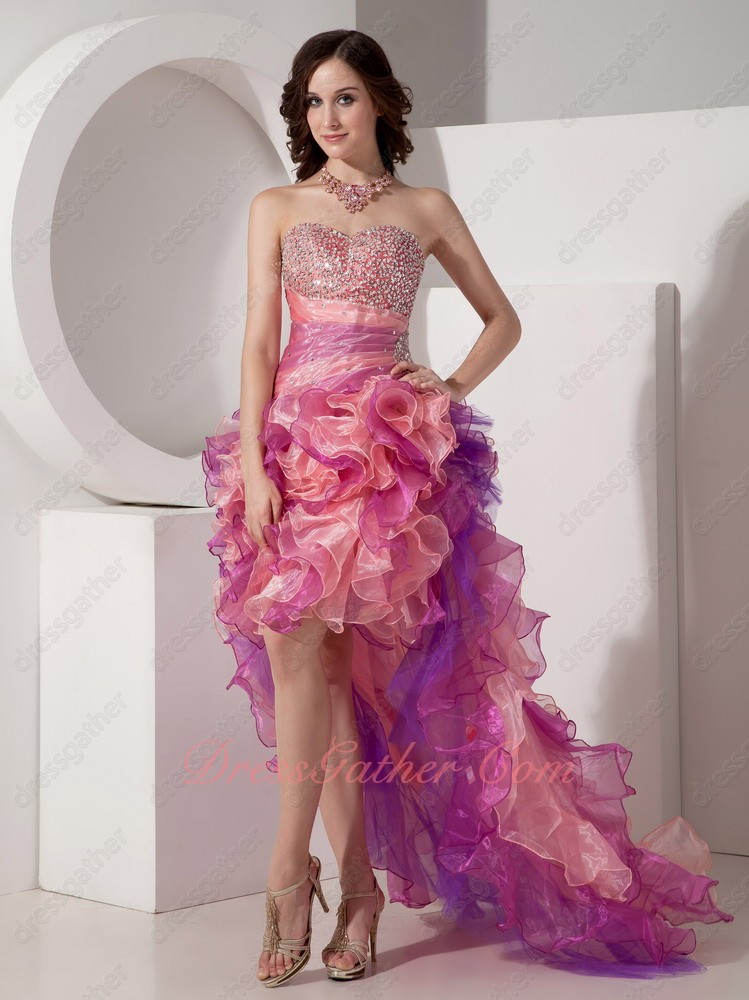 Amazing Contast Pink Color Beading Bodice High-low Cascade Prom Dress Customized - Click Image to Close