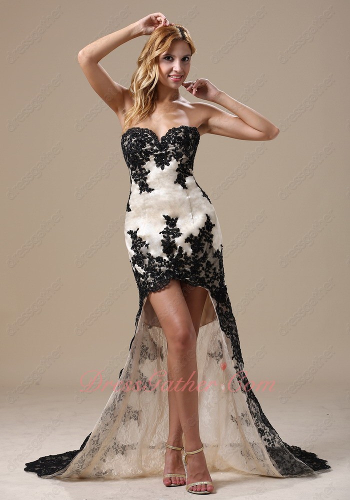 Black Lacework Decorated Champagne Hi-Lo Slim Pageant Dress With Lace Train - Click Image to Close