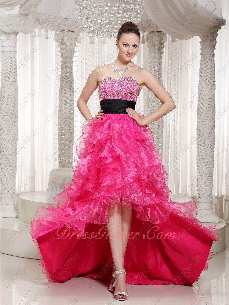 Black Ribbon Decorate Beading Skirt Hot Pink Ruffle High-Low Carnival Dress - Click Image to Close