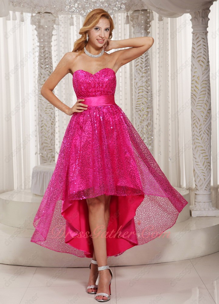Shiny Fuchsia Sequin High-low Stage Effect Vintage Cocktail Prom Dress Leisure - Click Image to Close