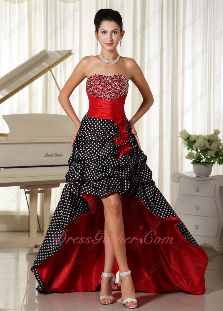 Black & White Wave Point Ruffle Skirt Red Ruch High-Low Grande Toilette - Click Image to Close