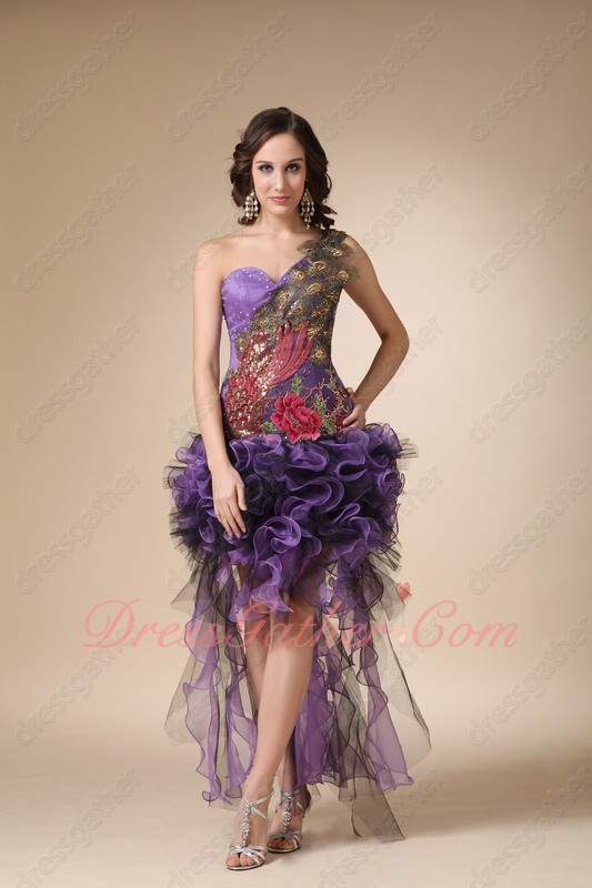 One Shoulder Peacock Feathers High-low Design Purple Cascade Prom Dress Memorable - Click Image to Close