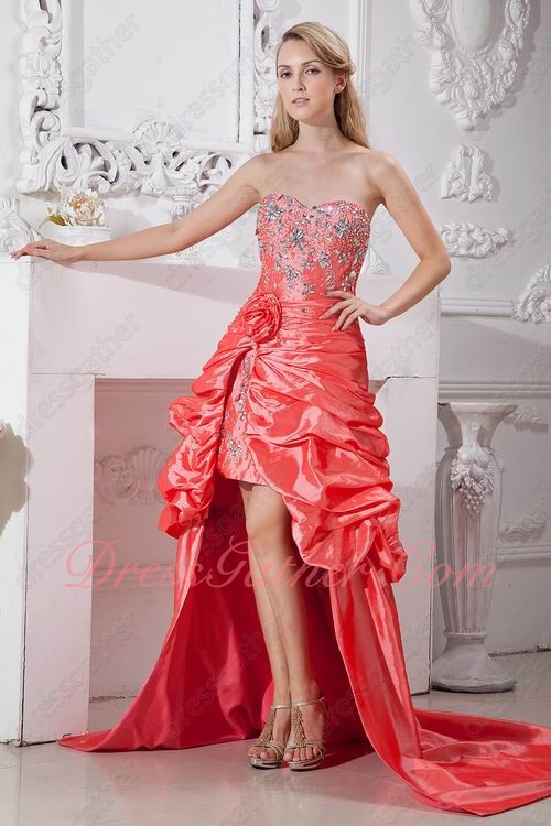 Crystals Embellished High Low Coral Pink Banquet Prom Dress With Chapel Train - Click Image to Close