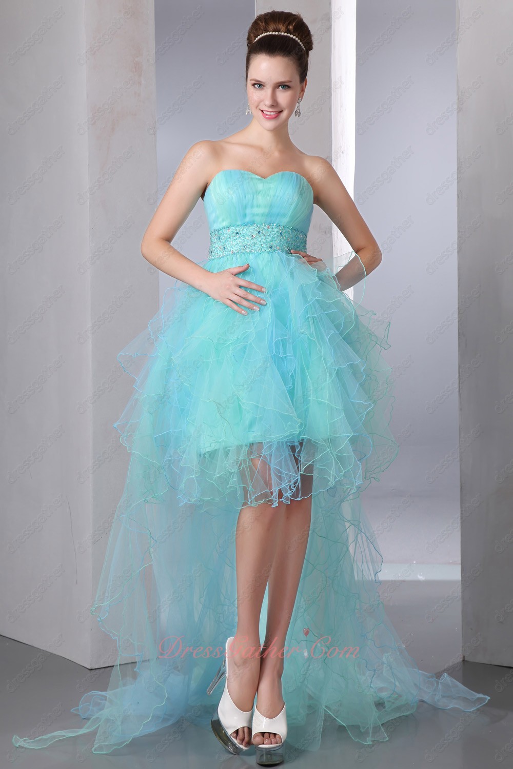 High Low Aqua and Mint Mingled Tulle Ruffles Cocktail Party Dress With Beading Belt - Click Image to Close