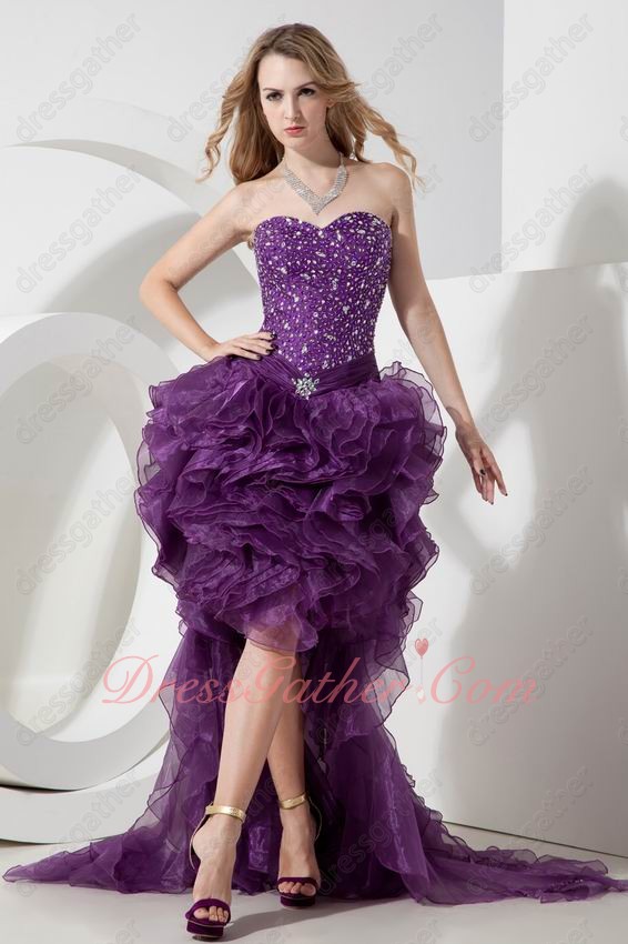 Grape Organza Silver Beading High Low Prom Evening Dress Short Dress With Train - Click Image to Close