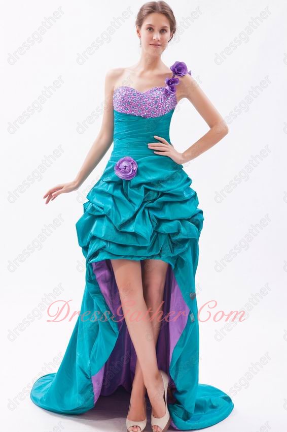 One Strap High Low Sweep Train Cocktai Prom Dress Turquoise With Lilac Lining - Click Image to Close