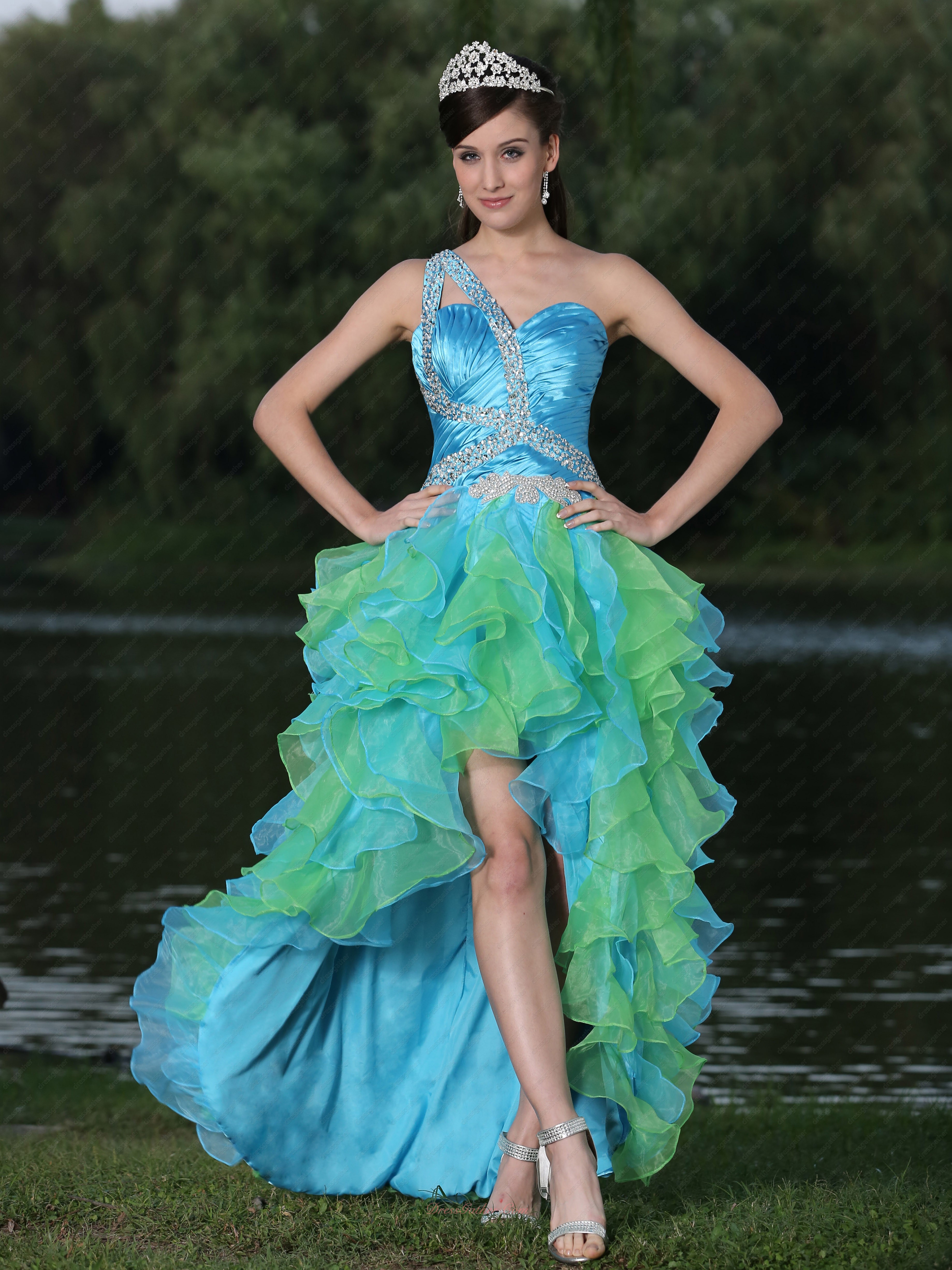 Single Strap Aqua and Spring Green Alternant High-low Ruffles Carnival Dress - Click Image to Close