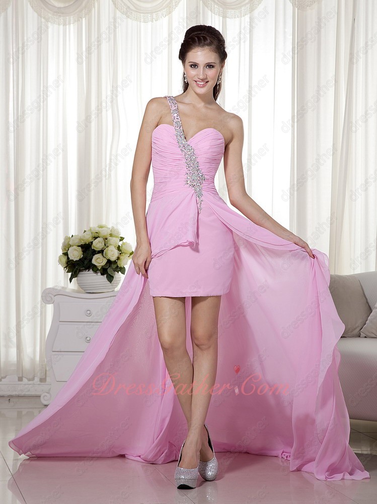 Top Selling Single Strap Beading High-low Design Pink Runway Prom Dress - Click Image to Close