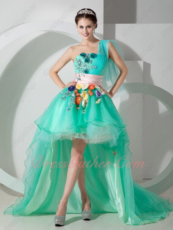 Nifty One Shoulder High-Low Spring Green Princess Gown With Multicolor 3D Flowers - Click Image to Close
