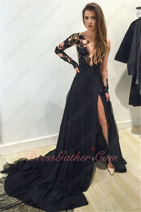 Nude Tulle Transparent Upper Bodice Long Sleeves Prom Dress Sexy Slit - Click Image to Close