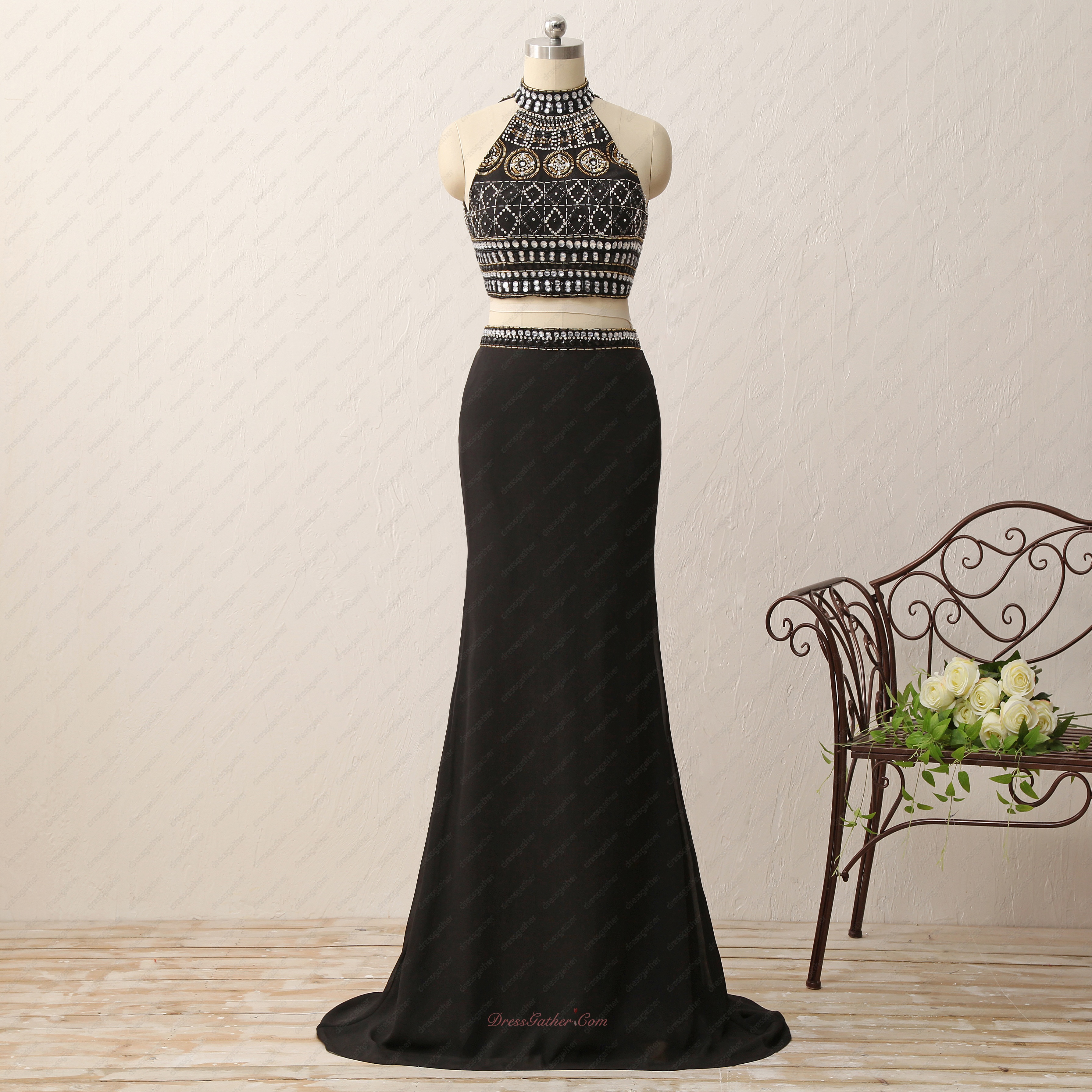 Silver and Gold Beading Two-pieces Floor Length Black Evening Dance Dress - Click Image to Close