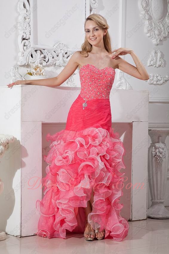 Beadwork High-Low Watermelon/Off White Mingled Ruffles Pretty Mermaid Evening Gowns - Click Image to Close