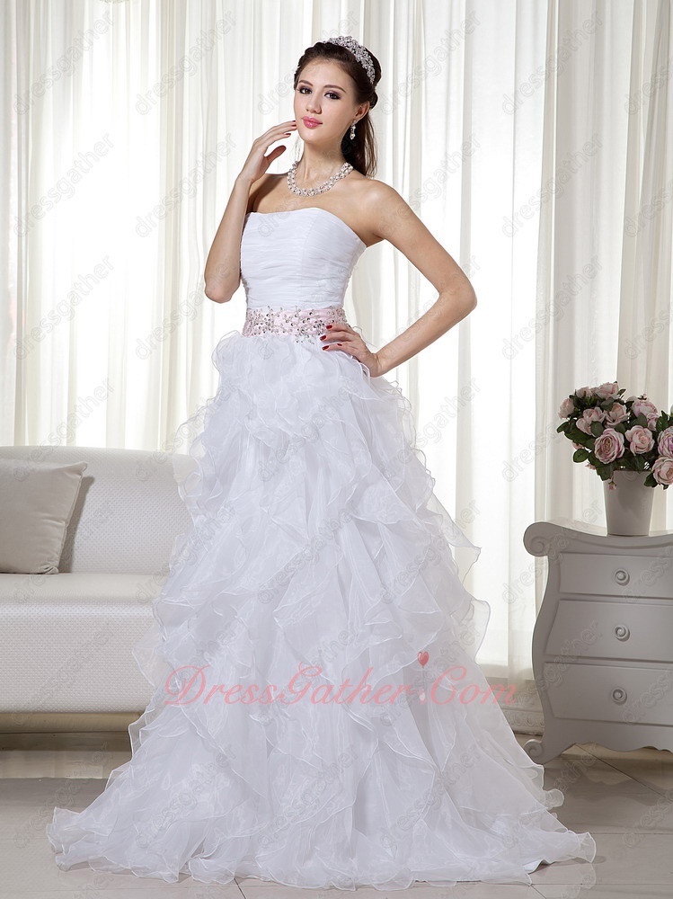 White Stapless Ruffled Skirt White Organza Prom Dress With Beads - Click Image to Close