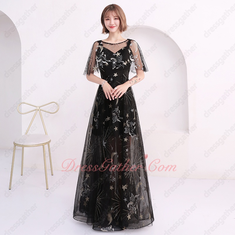 Latest Pegasus Stars & Moon Pattern Black Lace Half Lining Prom Dress - Click Image to Close