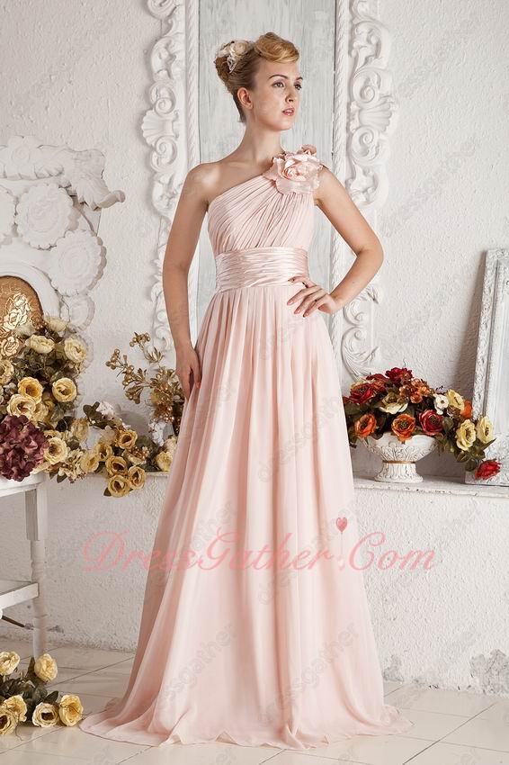 One Strap With Flowers Ruched Blush Pearl Pink Chiffon Prom Dama Formal Dresses Up - Click Image to Close