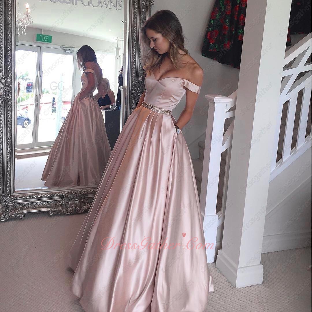 The Very Prom Dress Off Shoulder Cameo Brown Pink Sun Skirt With Side Pockets - Click Image to Close