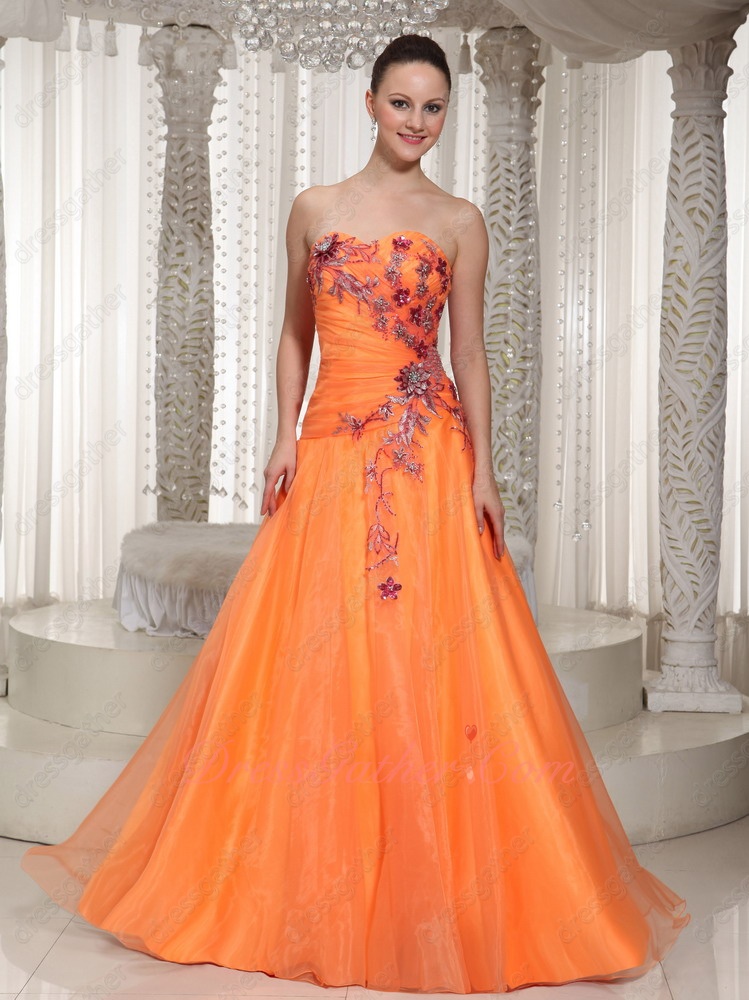 Hot Sell Orange Yellow Organza A-line Formal Pageant Gowns Exquisite 3D Appliques - Click Image to Close