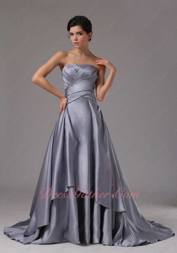 Dark Silvery Grey Satin Court Train Military Prom Dresses Corset Back - Click Image to Close
