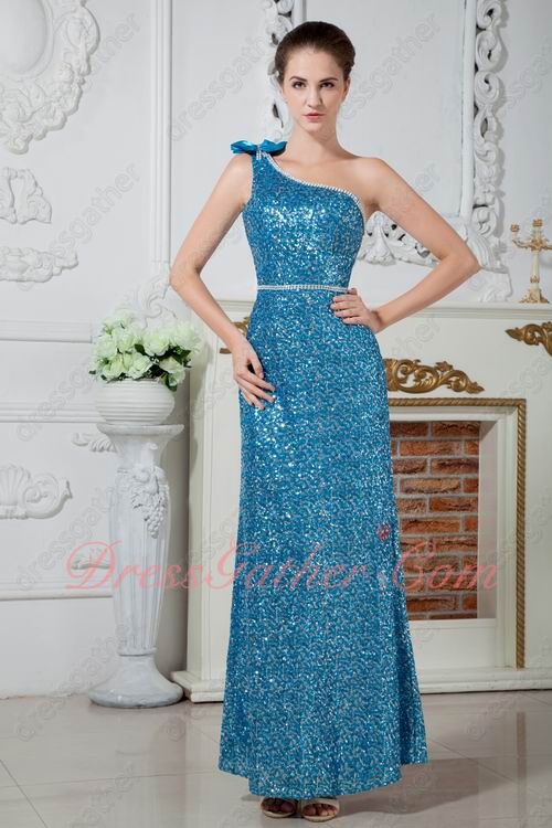 Blinking One Shoulder Variegated Azure Sequin Evening Gowns Ankle Length - Click Image to Close