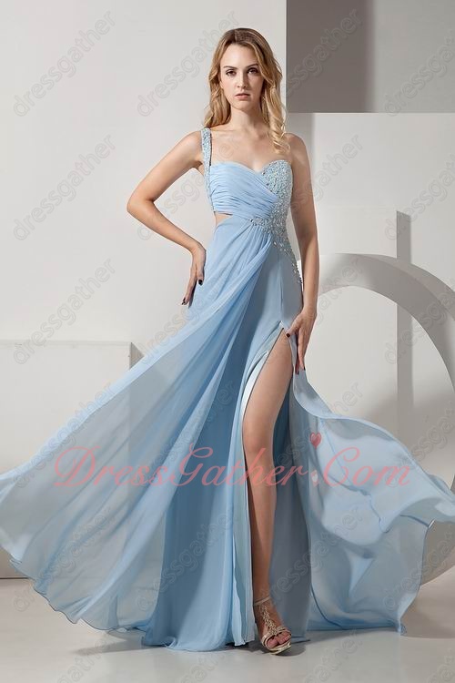 Baby Blue Chiffon High Slit Revealed Shapely Legs Formal Guest Gowns One Strap - Click Image to Close