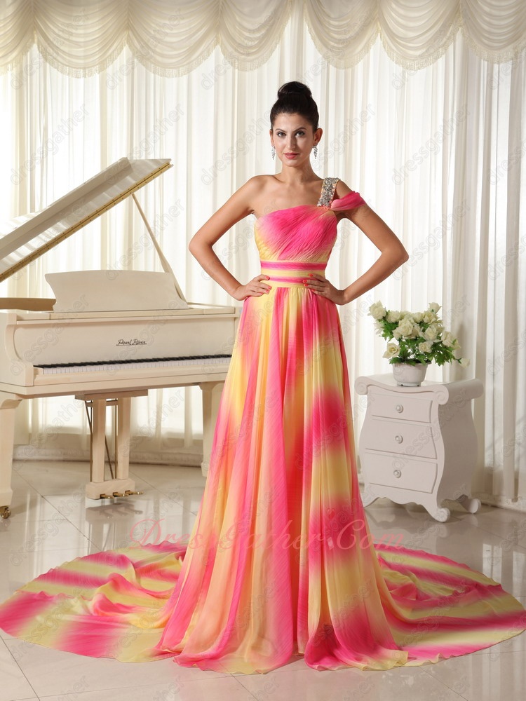 One Strap Hot Pink/Bright Yellow Ombre Shaded Gradient Chiffon Cocktail Evening Dress - Click Image to Close