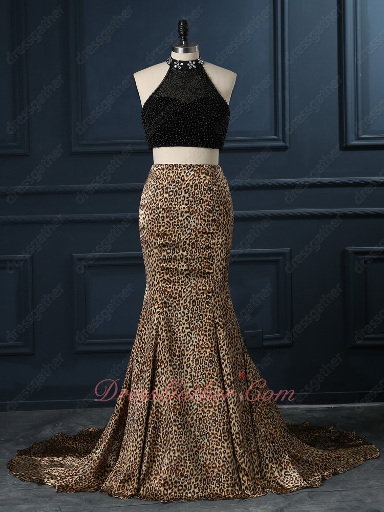 High Collar Exposed Waist Two-Pieces Black Beading Leopard Pattern Mermaid Gown - Click Image to Close