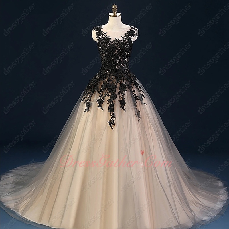Exquisite Scoop Neck Black Appliques Champagne Tulle Puffy Skirt Celebrity Dress - Click Image to Close