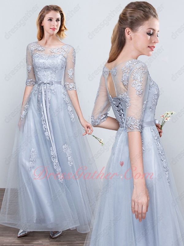 Scoop Neck Noble Lucid Half Sleeve Silver Bridal Mum Dress With Ribbon - Click Image to Close