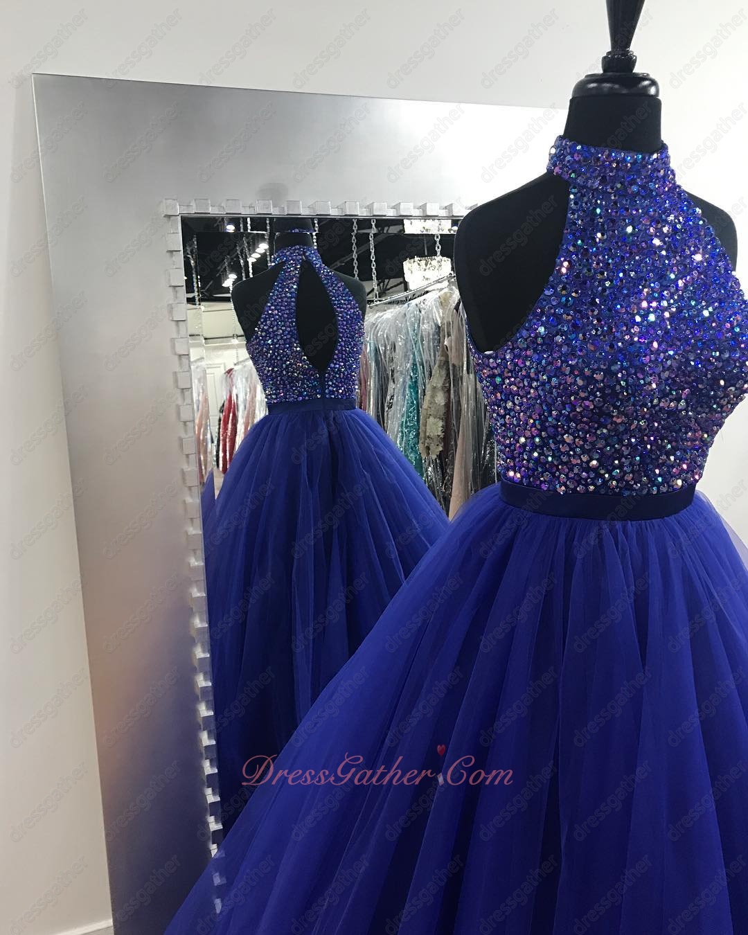 High Collar Colorful Crystals Bodice Royal Blue Tulle Stage Show Gown - Click Image to Close